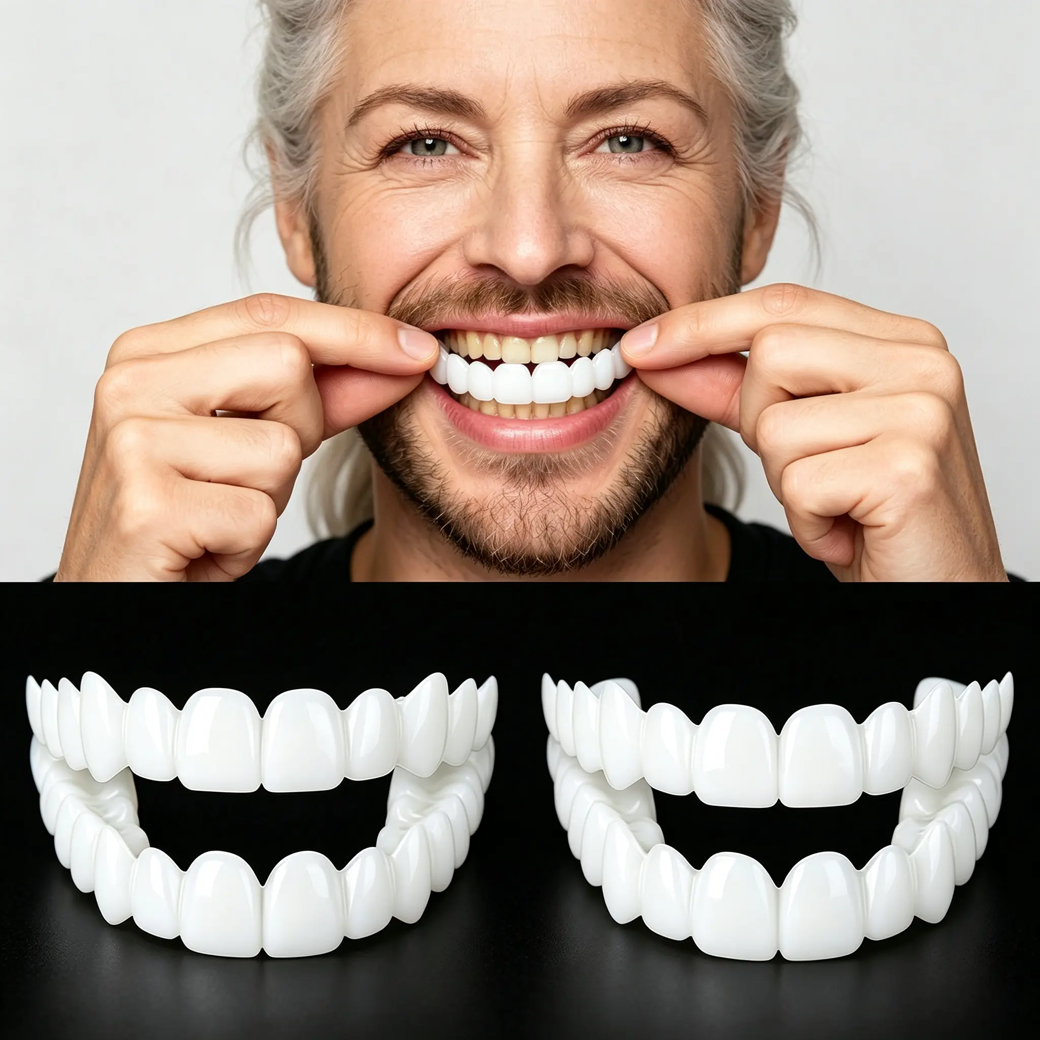(3 Pairs) Instant Veneer Dentures - Temporary TeethRestoration Kit Cosmetic Braces Snap-On Smile TeethClamp Top and Bottom  Upper and lower dentures