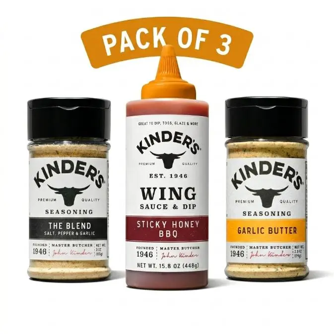 (Pack of 3) Kinders Garlic Butter Seasoning 2.8 oz, Sticky Honey BBQ Wing Sauce 15.8 oz & The Blend 3 oz