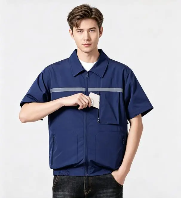 Men's Short Sleeve Cooling Work Shirt with Built-in Fans, Reflective Air-Conditioned Workwear for Outdoor Hot Weather Working Clothes Jacket