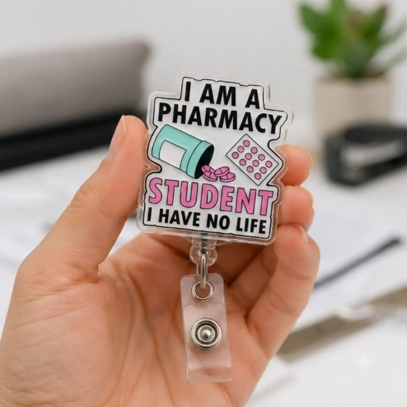 Funny Pharmacy Student Badge Reel | Cute Retractable ID Holder for Future Pharmacists and Pharmacy School Gifts