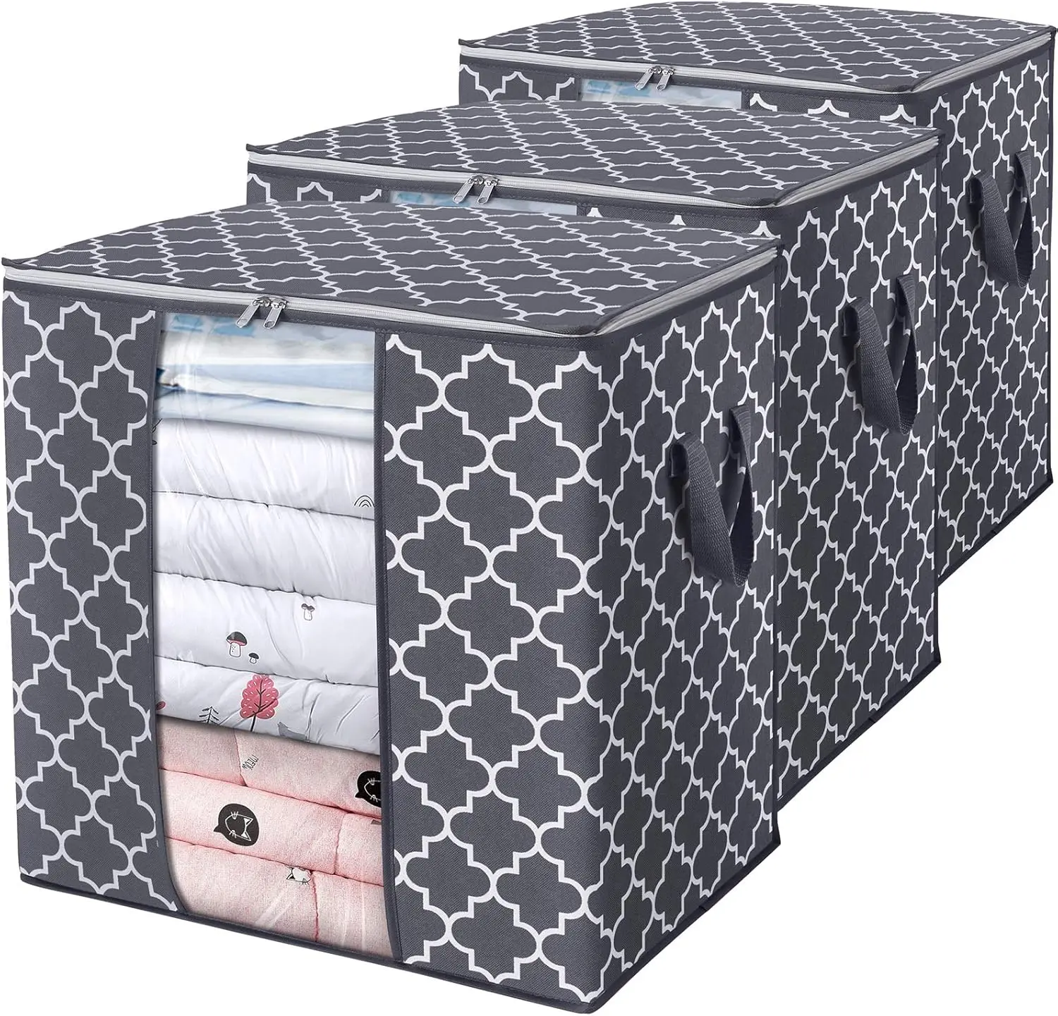 Storage Bags [3 Pack/100L] Large Blanket Clothes Organization and Storage Containers for Comforters,Bedding, Foldable Organizer with Reinforced Handle, Clear Window, Sturdy Zippers,Gray