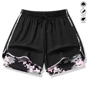 Women's 2-in-1 Athletic Shorts with Built-in Liner Adjustable Elastic Waistband Breathable Soft Fabric Camo Accent Convenient Pockets Light Purple