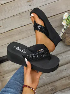 Women's Fashionable Rhinestone Decorated Platform Slides, Casual Comfortable Home Slippers, Soft Non-slip Slippers for Indoor & Outdoor Wear, Walking Shoes, Flatform, Casual Sandals