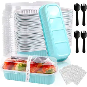 50 Pack Mini Loaf Pans with  and Spoons, 6.8 Oz Mini Cake Pans with  for Baking, Disposable Rectangle  Foil Loaf Pan with Stickers,Small Cake Containers Tin(Blue)