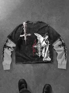 Men's Gothic Cross Long Sleeve T-shirt, Washed Grunge Faux Two-Piece Top, Alt Aesthetic Vintage Layered Look, Saint Graphic Streetwear Fitted Short Casual