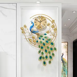 CNCEST Luxury Peacock 3D Large Hanging Wall Clock Silent Digital Wall Watch Clock Decor Gold-Green Frame Metal Living Room Decor Decoration Gift Home Interior