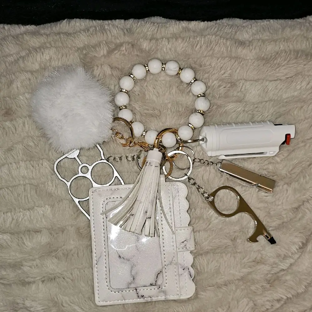 White & Gray Practical Stylish Keychain-Wallet Set, Casual Multi-Functional Personal Security Accessory with Split Ring Design