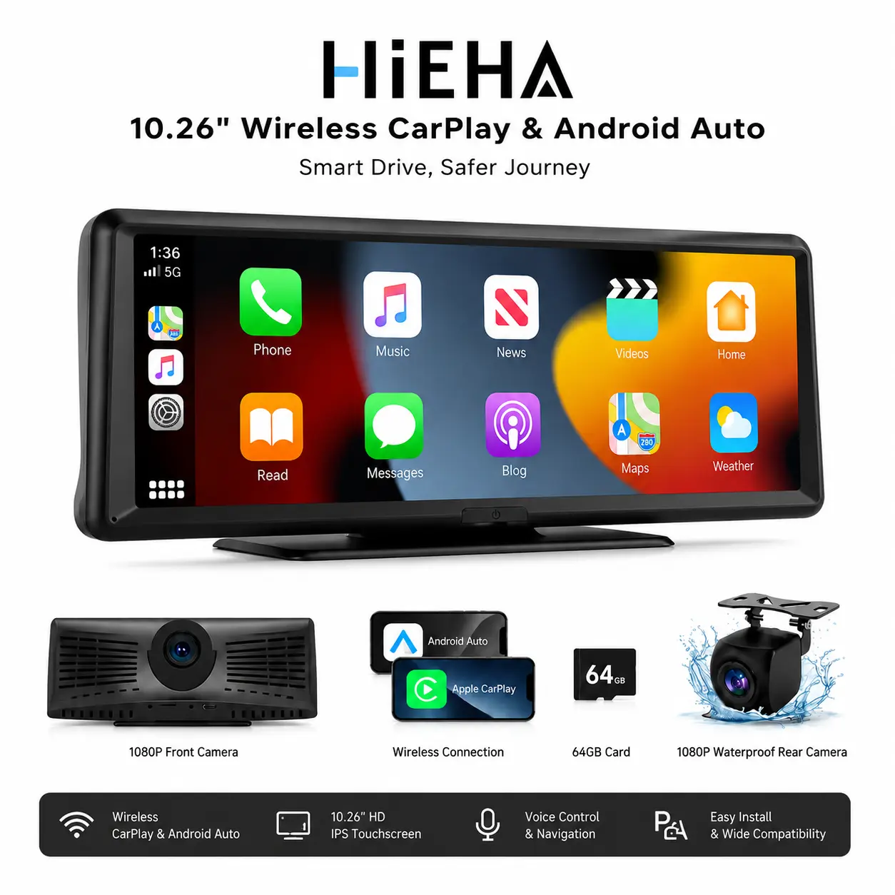 Turn Any Car Into CarPlay – 8.1" Wireless Screen with 2K Dash Cam & Backup Camera (1080P) by HIEHA