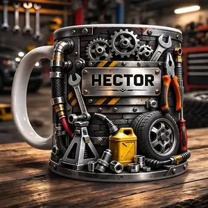 Personalized Mechanic Mug Custom Name Garage Tool Gift Inflated Effect Industrial Steampunk Coffee Cup Gift for Him Men Car Lover Hector, 2D Printed 3D Effect, gift for her, gift for him, gift for mom, gift for dad, gift for friend, birthday gift mug.