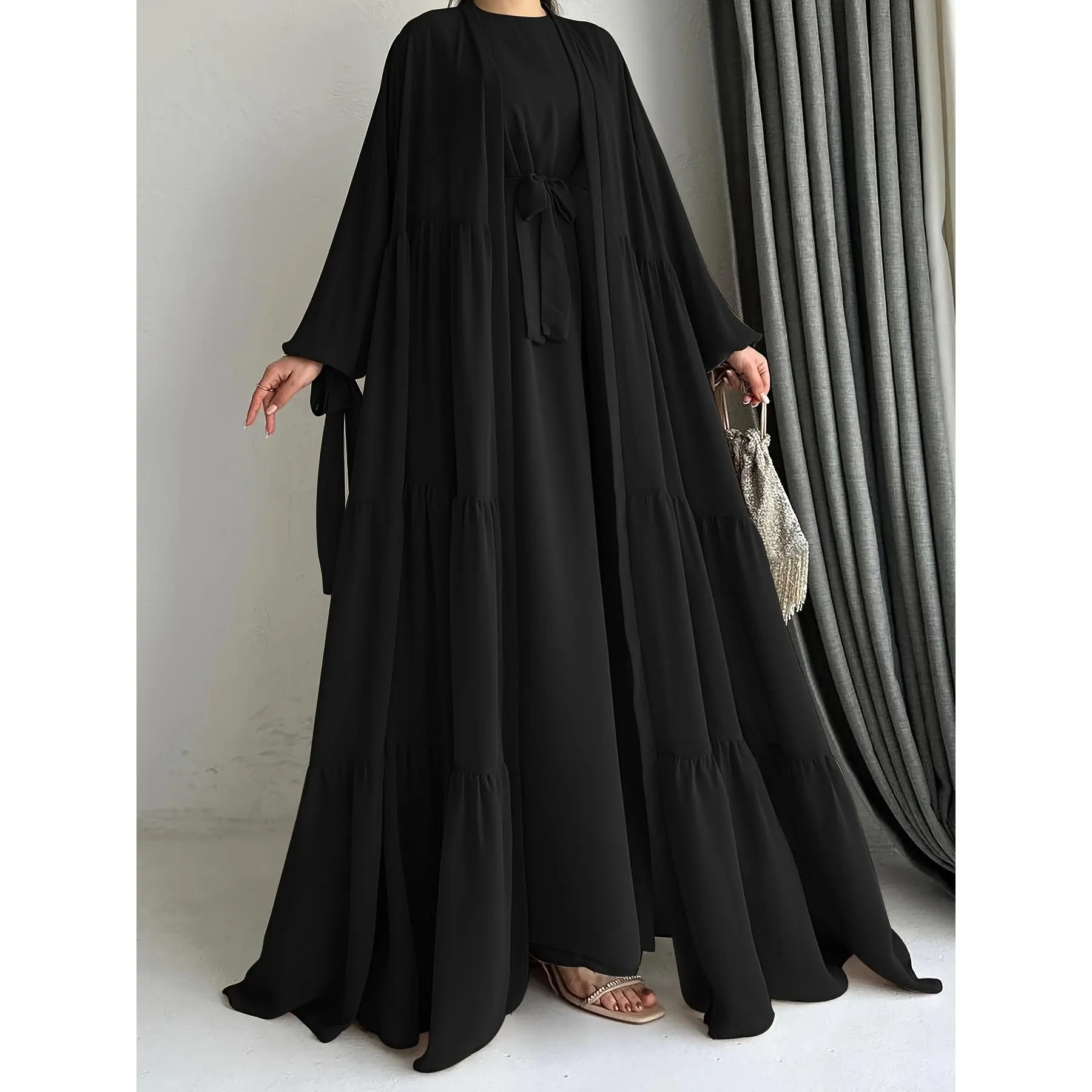 Black Abaya Closed Modest Dress for Women | Flowing Cape Cover, Lightweight Fabric, Adjustable Waist Tie - Casual Hijabi Style
