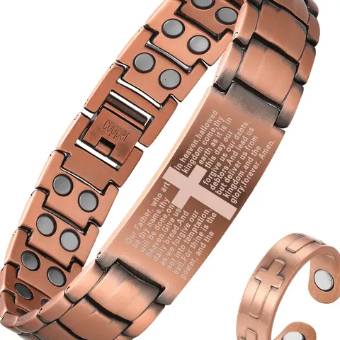 Men's Adjustable Pure Copper Wearable Bracelet with Powerful Magnets, Cross Pattern Design, Includes Magnetic Tool, Durable Casual Jewelry Gift