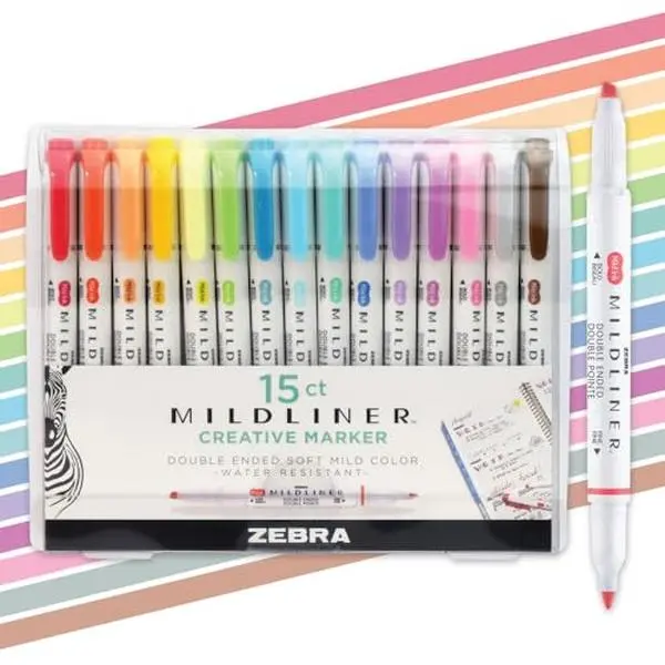 Zebra Pen MILDLINER No Bleed Highlighter, Assorted Colors, Dual Tip, 15-Pk