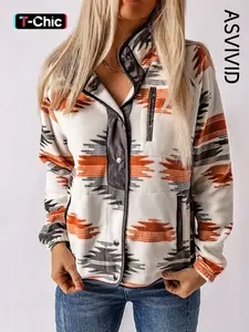 Women's Ethnic Pattern Button Front Pocket Jacket, Casual Western Style Long Sleeve Raglan Sleeve Stand Collar Zipper Outerwear Coats, Ladies Clothes for Daily Wear Womenswear, Casual Longline Outerwear