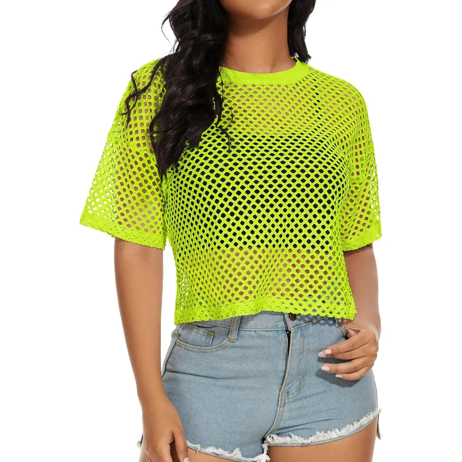 Women's Fishnet Mesh Crop Top, Casual Short Sleeve Round Neck Sheer T-shirt, Breathable Boho Summer Clothes, Shortsleeve, Mesh Overlay, Tshirt, Cotton Blend