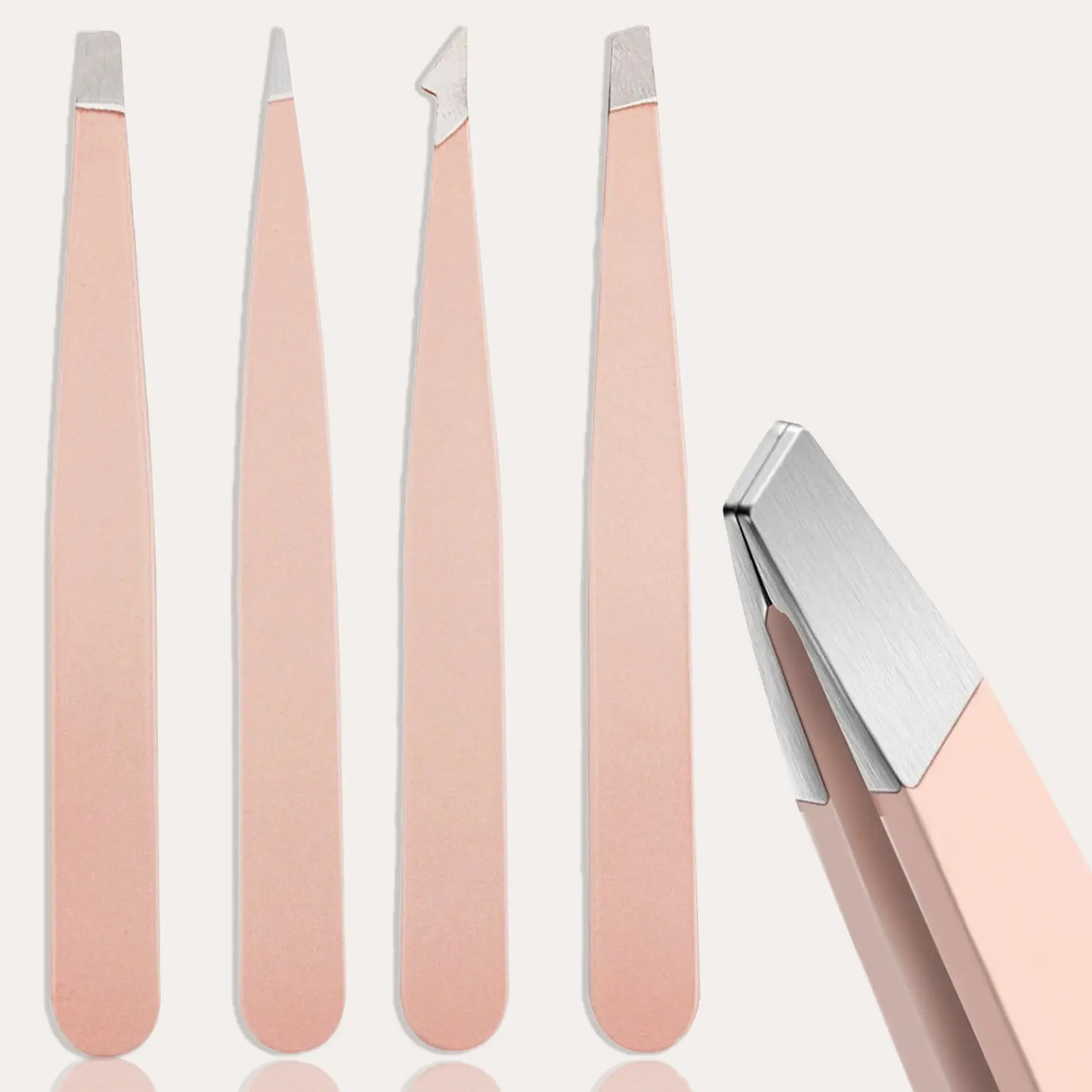 Pink Eyebrow Tweezers Set, 4 Counts Stainless Steel Tweezers, Precision Slant Tip Angle Tip Pointed Tip Tweezers for Eyebrow Hair Facial Hair Removal, Makerup Tools