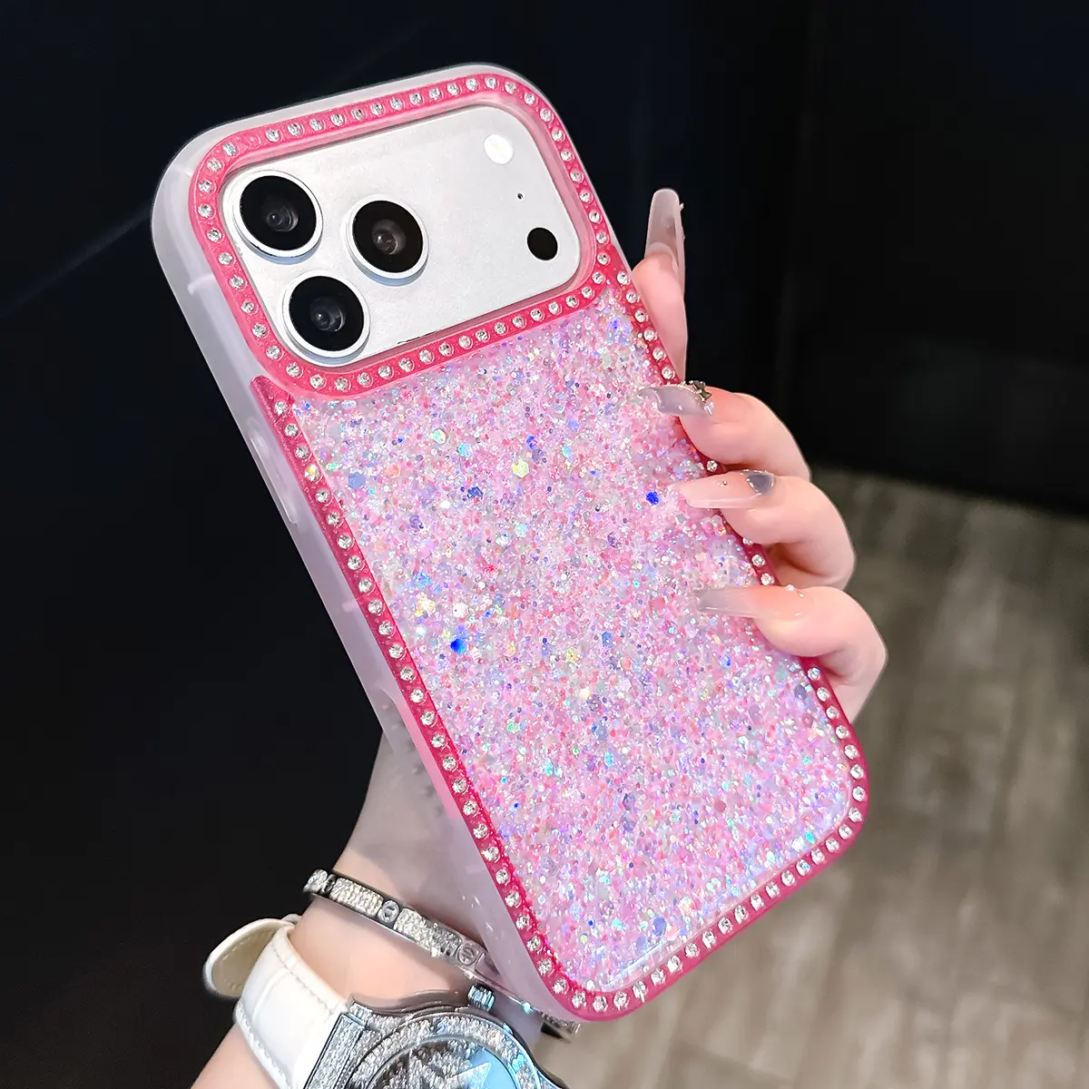 Glitter Smartphone Case with Bling Rhinestone Camera Bumper, Sparkly Anti-Scratch Shockproof Protection Cover, Cute Girly Luxury Design for iPhone 17 16 15 14 13 12 11 Pro Max Air Plus (Wireless-Friendly Handheld Cellphone Accessory), Casing