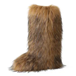 Women's Faux Fur Boots Furry Fluffy Knee-High Snow Boots Winter Comfy Plush Warm Outdoor Indoor Flat Shoes Faux Fur Mid-Calf Boot