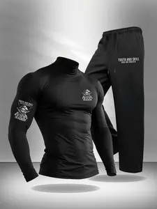 Men's Black 'Elderly and Rebellious' Hardcore Technical Suit Gym Set - Men's Pirate Skull Compression Shirt and Pants Perfect for Male Weightlifters, Gym Training, and Technical Suit Styles Fitted Design Activewear