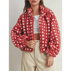 Checkered Red Gingham Sherpa  oversized jacket Womenswear Long Sleeve Tops Outerwear Women's Plaid Zip Coats Fleece