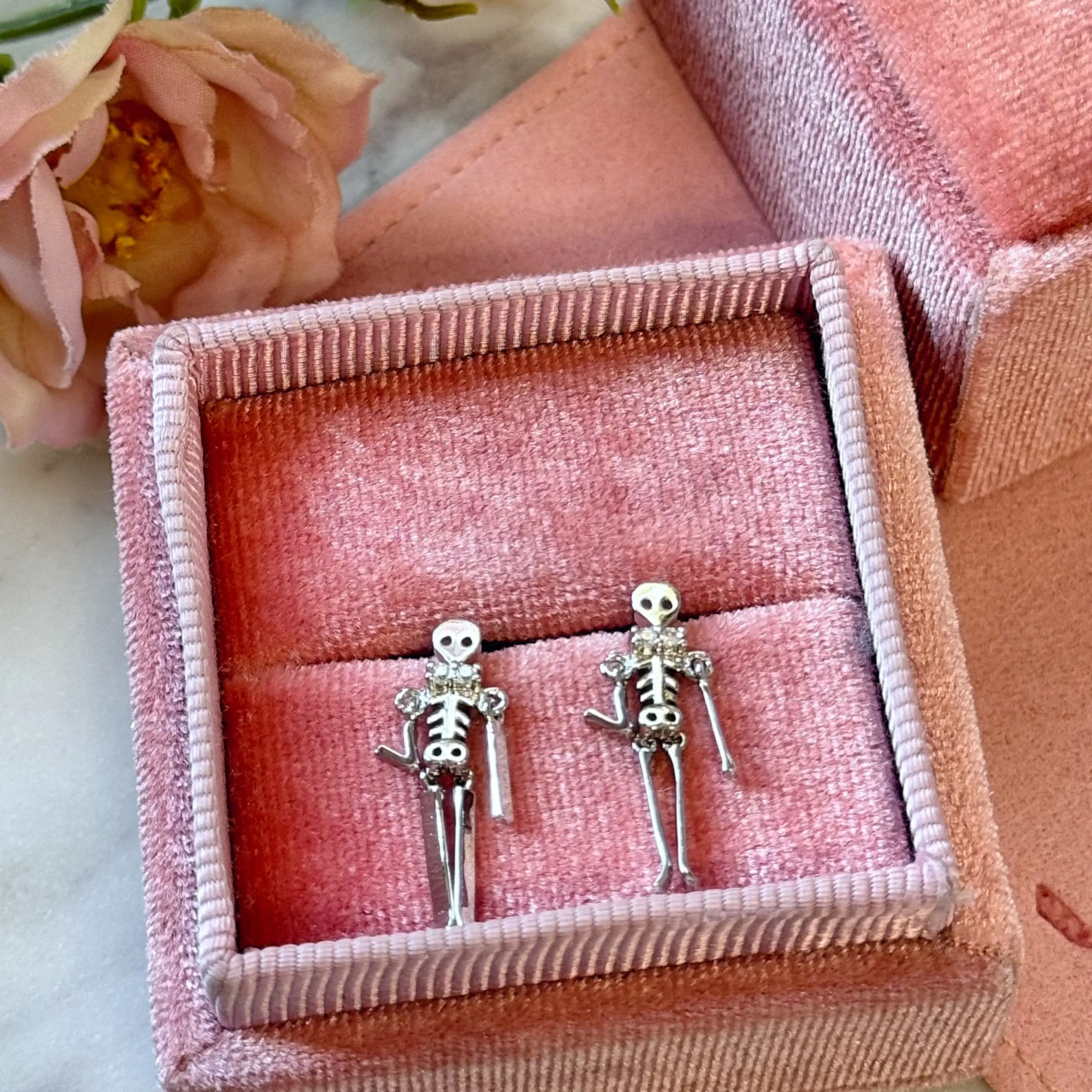 Women's Elegant Gold Halloween Skeleton Earrings - Gold Plated Studs, Pushback Closure, Fashion Costume Jewelry for Role Play Figure Use, Unisex Names Compatible