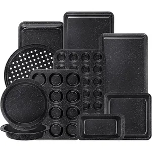 10- Baking Pans Set, Bakeware Sets Nonstick, Baking Set for Oven Cooking, Stackable Carbon Steel Set Include Cookie Sheets, Muffin Pan, Cake Pan, Pizza Pan, Loaf Pan, Roasting Pan, Black