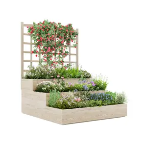 3-Tier Wooden Raised Garden Bed with Trellis, Vertical Planter Box for Climbing Plants Outdoor Garden