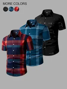 Men's Random Plaid Print Short Sleeve Shirt, Casual Party Shirt, Casual Regular Fit Button Collared Top for Summer, Men's Clothes for Daily Wear