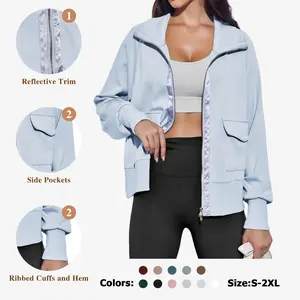 Fisoew Women's Zip up Sweatshirt Collared Neck Long Sleeve Loose Casual Lightweight Jacket with Pockets Fit Breathable puffer jacket winter outfits leather jacket winter trench zip coat Bomber Activewear fur coats for women leather jacket Womenswear