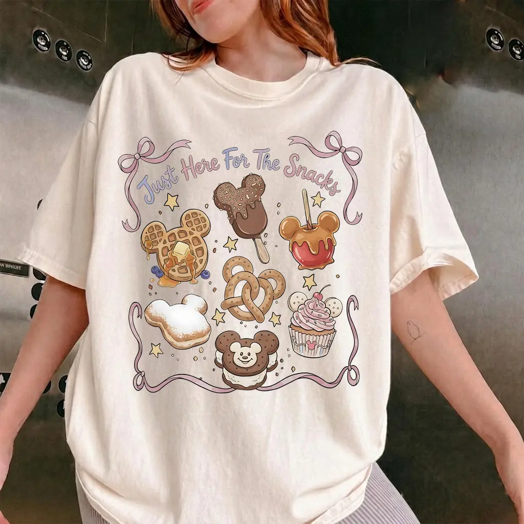Adult & Youth Just Here for the Snacks Graphic T-Shirt, Cute Theme Park Treats Tee, Retro Foodie Vacation Outfit, Sweet Dessert Lover Gift