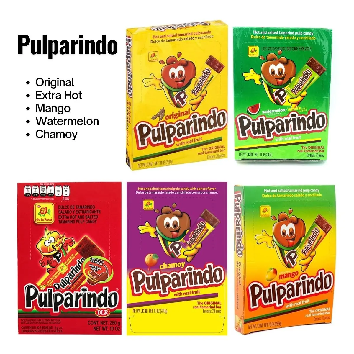20 PC Pulparindo (Mango, Chamoy, Watermelon, Original, Extra Hot)