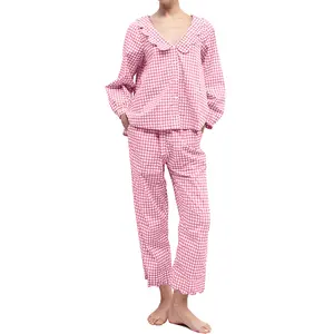 Women Gingham Pajama Sets, Wave V-Neck Loungewear, Cotton Pjs Plaid Button Down Homewear, Long Sleeve Shirt and Pants Womenswear,  Sleepwear with Pockets