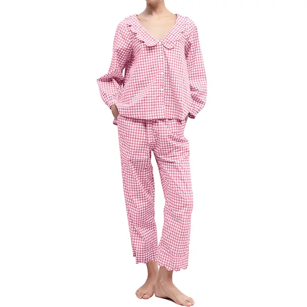 Women's Gingham Pajama Set, Button-Down Loungewear with Wave V-Neck, 2 Piece Sets with Pockets for Girls' Nights, Buttons, Cotton, Size Chart, Watch Party, Occasion, Woven, M