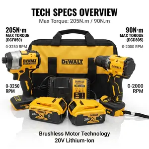 Dewalt DCF805 Impact Drill Plus DCF850 Impact Driver Set, 20V Lithium Tools For Equipment Maintenance And Assembly, Features Multiple Speed Gears And Stable Torque Output