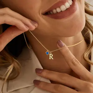 Custom Dainty Initial Necklace with Heart Birthstone, 14K Gold-Plated Letter Necklace, Birthstone Jewellery, Birthday/Anniversary Gift for Her