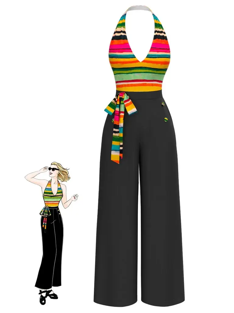 RETRO STAGE Women's Vintage Ankle-Length Polyester Jumpsuit - 1970s Multicolor Stripe Sleeveless Halter Overalls with Side Zipper, Ankle Length Jumpsuit, Side Zipper Jumpsuit
