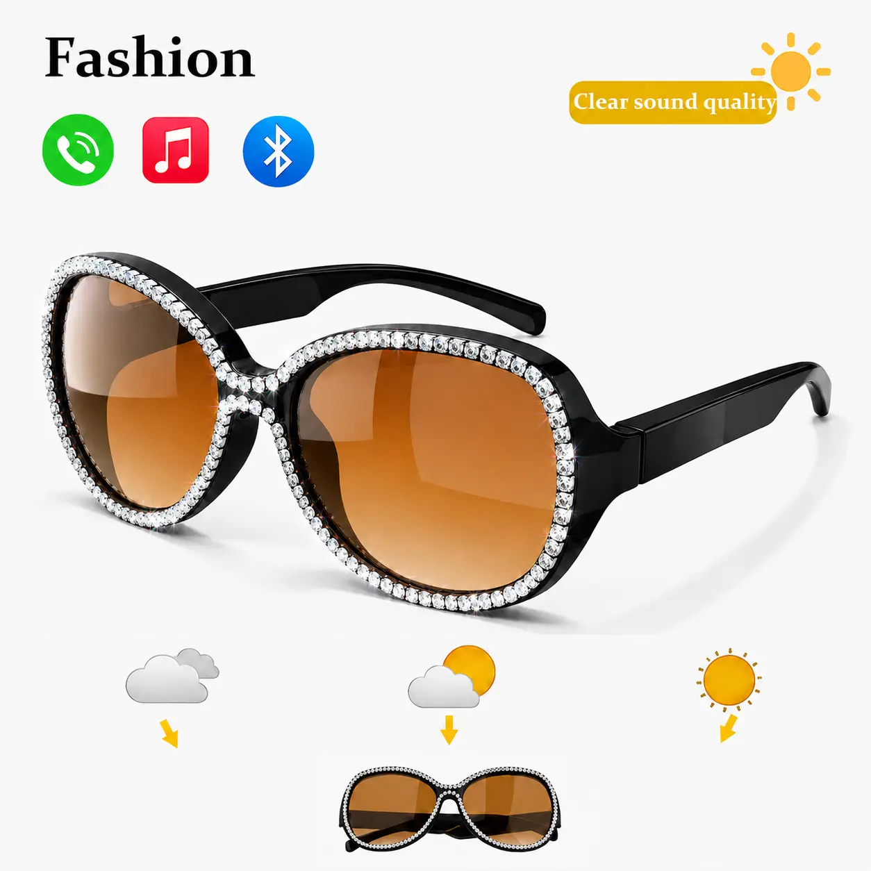 Women's Bluetooth Audio Sunglasses, Oversized Diamond Rhinestone Smart Glasses with Open-Ear Speakers, Wireless Music Playback, Hands-Free Calls, Touch Control, Bluetooth 5.4, UV Protection, Fashion Eyewear for Beach, Travel, Outdoor and Daily Wear tiktok