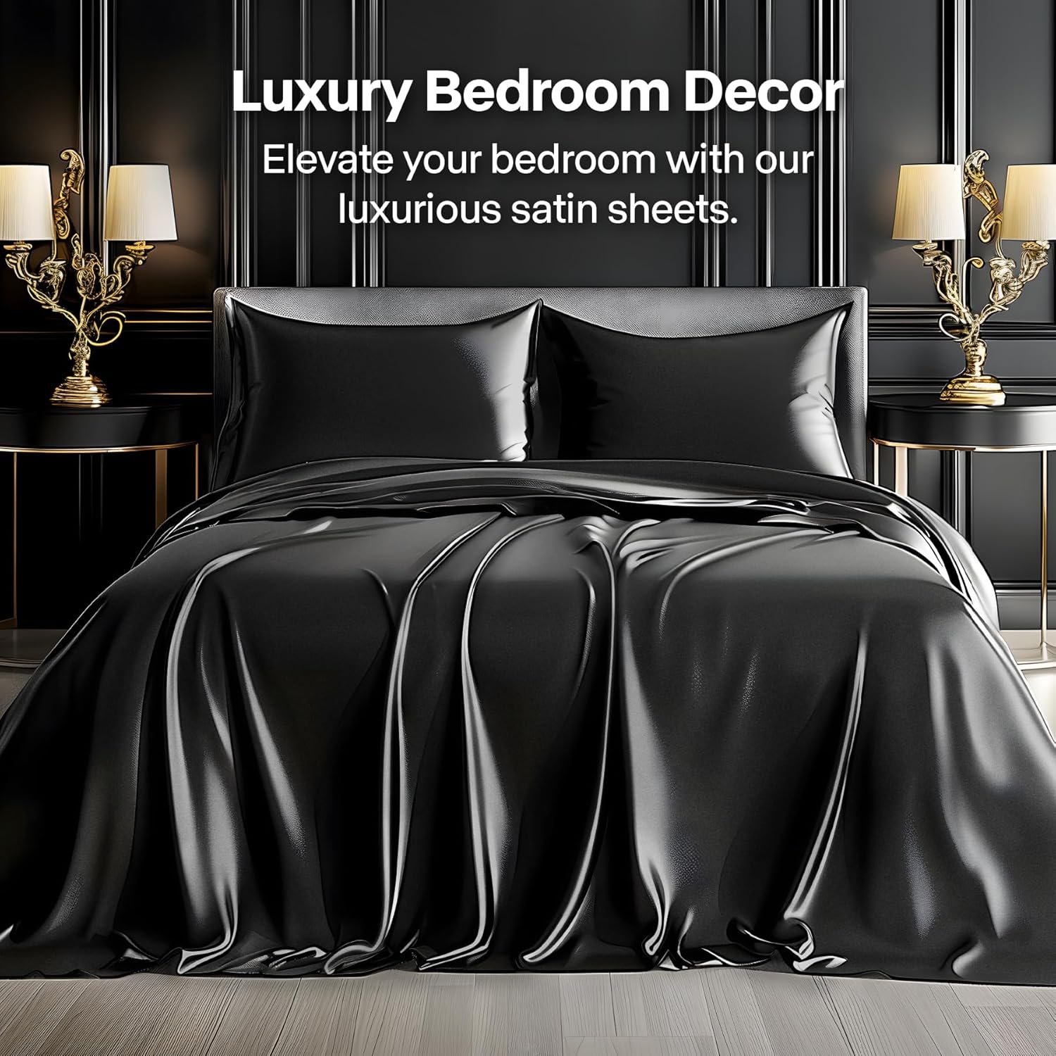 Luxury Black Satin Queen Sheet Set – Silky Soft, Cooling & Breathable Silk Feel Bedding, Hair & Skin Friendly, Deep Pocket 4 Piece Set