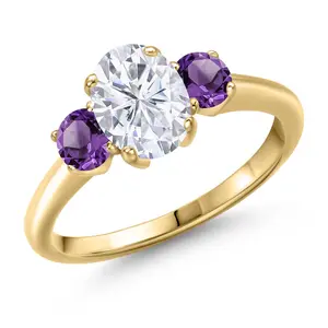 Gem Stone King White Moissanite and Gemstone Birthstone 3-Stone Engagement Ring for Women | 18K Yellow Gold Plated Silver | Oval 8X6MM and Round 4MM | Three Stone Wedding Anniversary Promise Ring