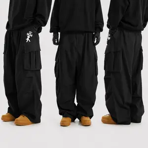 Men’s casual cargo pants, loose wide-leg floor-length trousers, multi-pocket elastic waistband street-style casual long pants, unique cross pattern print, unisex Y2K retro trend functional bottoms, versatile for everyday wear.