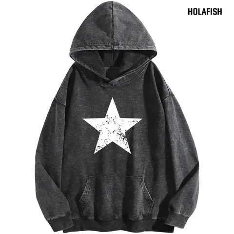 Holafish Women's Oversized Cotton Blend Vintage Graphic Print Hooded Sweatshirt - Acid-Wash Biker Style, Drop Shoulder Retro Streetwear, Skin-Kind Fabric, XL, Do Not Dry Clean