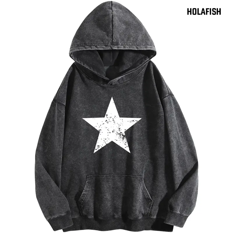 Holafish Women's Oversized Cotton Blend Vintage Graphic Print Hooded Sweatshirt - Acid-Wash Biker Style, Drop Shoulder Retro Streetwear, Skin-Kind Fabric, XL, Do Not Dry Clean