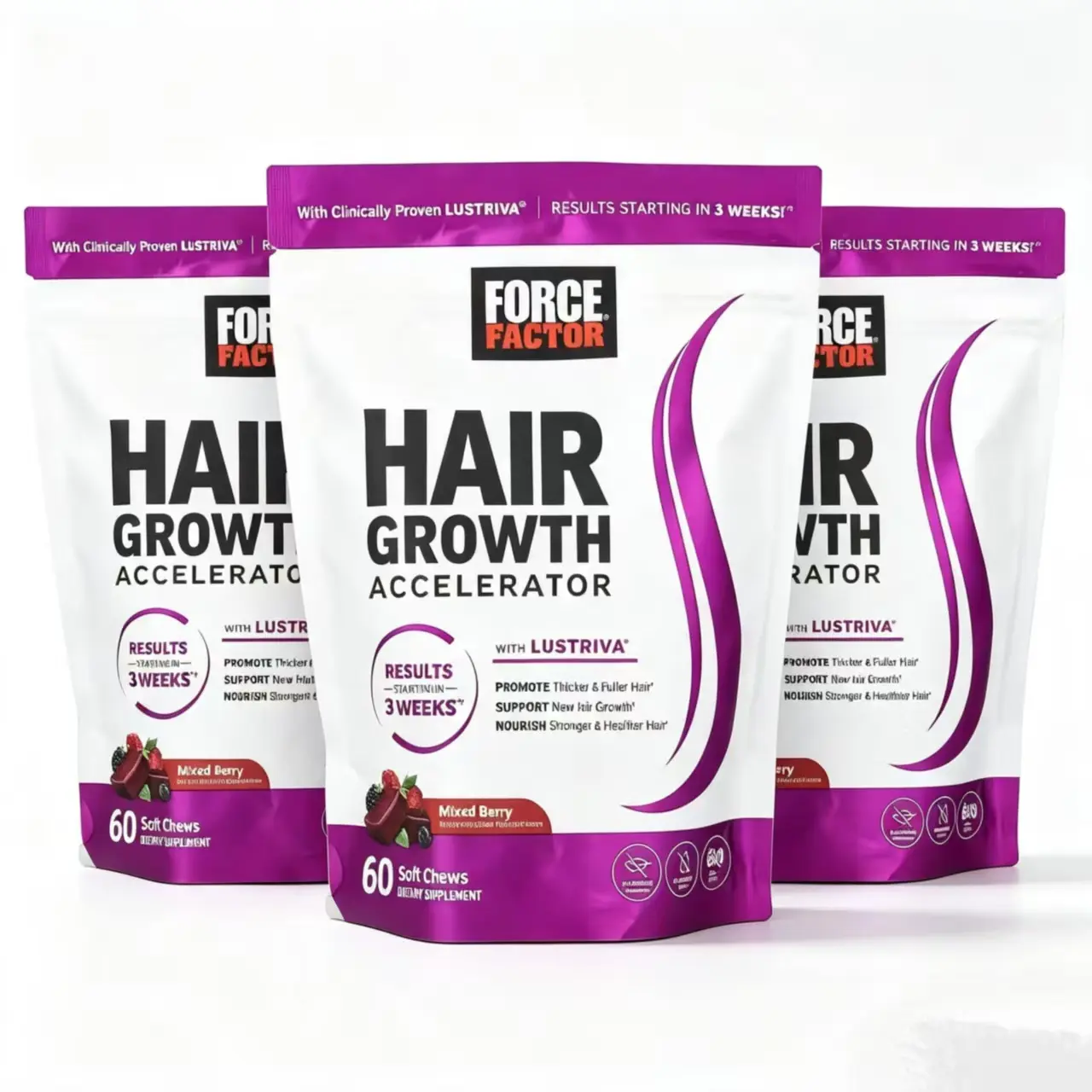 Force Factor Hair Growth Accelerator Beauty Supplement - Mixed Berry Flavor, 60 Soft Chews for Hair Loss Support