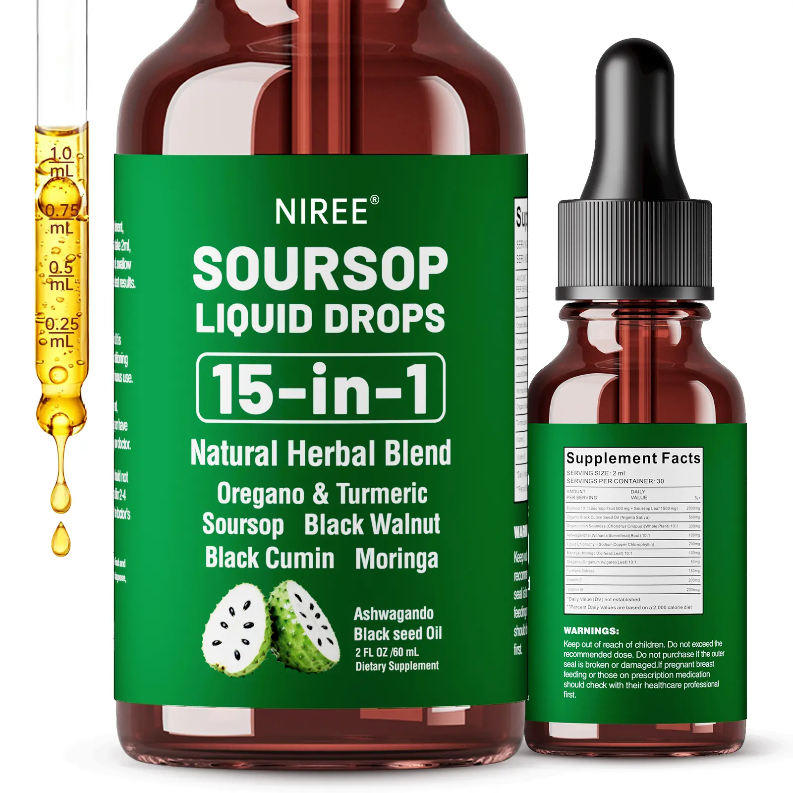 Niree Nutrapure Organic Natural Soursop Herbal Drops with Sea Moss, Ashwagandha, Moringa & Vitamins, 10-in-1 Liquid Antioxidant Supplement for Immunity Boost, Gut Health & Cardiovascular Wellness, 2 Fl Oz