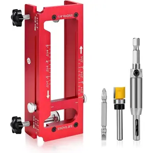 Door Hinge Jig,  Alloy Door Hinge Template Kit for Router, Adjustable Mortise Jig Fits Door Hinges from 2.5" to 5" Length, 1/4" R, 5/8" R, Square Corner (Red )