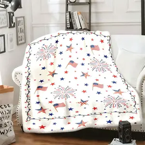 Patriotic July 4th American Flag & Fireworks Throw Blanket | Polyester, Machine Washable, Red & White Design with Stars, Perfect for Sofa or Bed Decor, Fireplace Cover, All Seasons Use