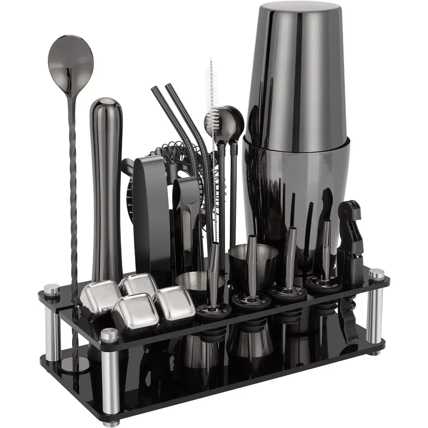 23-Pcs Durable Elegant Boston Stainless Steel Cocktail Shaker Set (20oz) - Complete Kit with Utensil Holder, Acrylic Stand, Exclusive Recipe Guide, Muddler, Double Measuring Cup, 4 Whiskey Stones - Professional Bar Tools for Home, Party