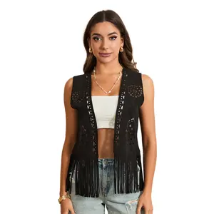 Women's Ladies Female Fringe Faux Suede Vest Casual Open Front Sleeveless Tassel Hippie Jacket for Desert Travel Womenswear Streetwear