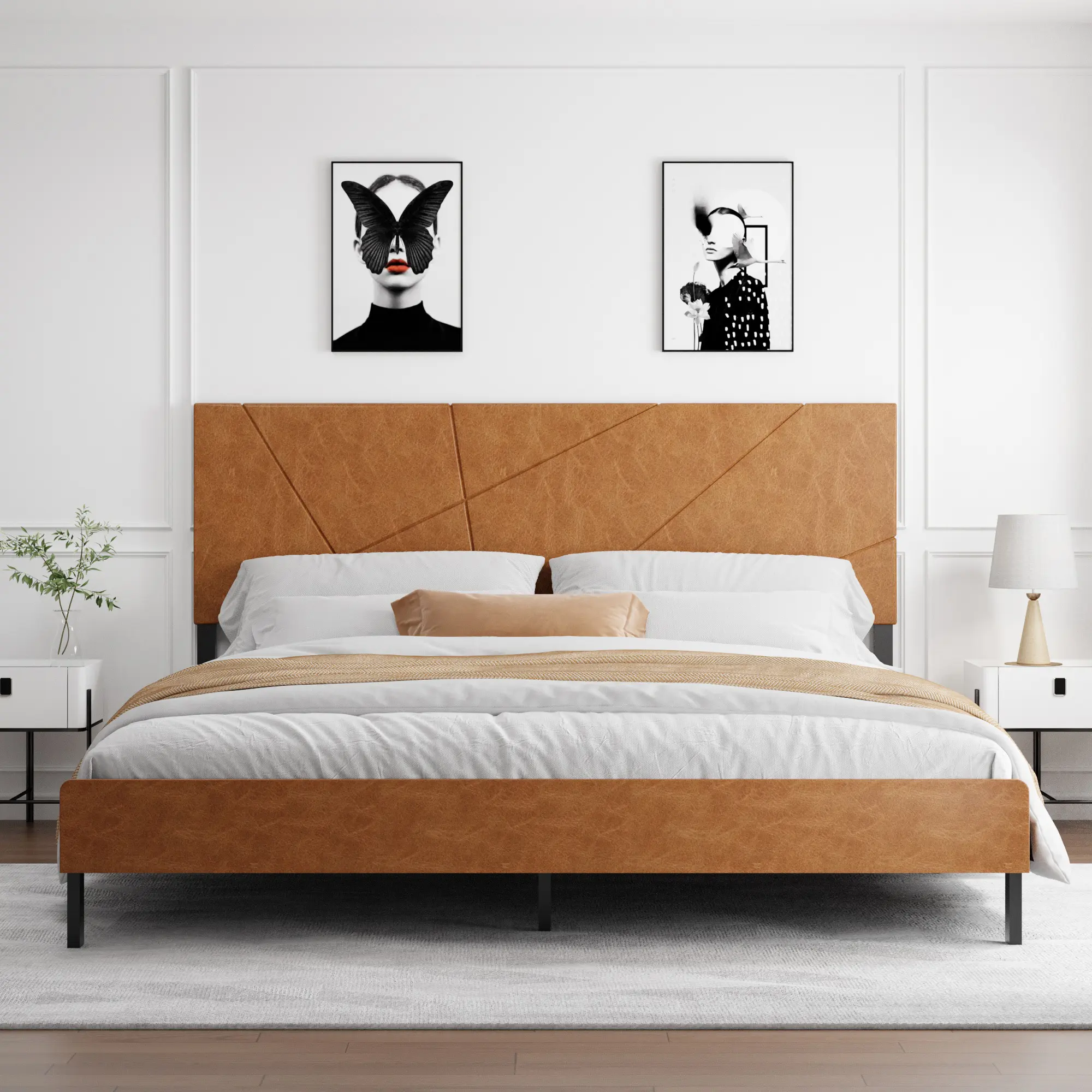 Modern Queen Upholstered Platform Bed Frame - PU Leather & Metal Construction, Geometric Tufted Headboard, Silent Design, Stable, Anti-Slip Mattress Compatible, 8 to 11.9 in Clearance, Floor-Safe Pads, Plug-and-Play Assembly
