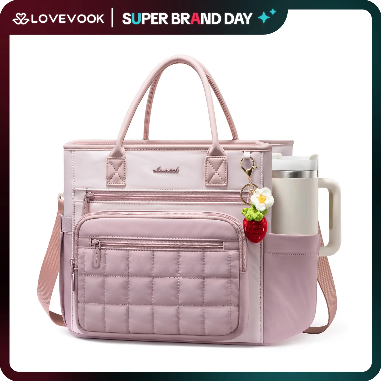 LOVEVOOK Insulated Lunch Bag Women,Puffer Adult Lunch Box Women with Handmade Strawberry Charm,Wide Opening Leakproof Cooler Bag with Cup Holder for Work Picnic,Lunch Box/Bag for Kids Girl Boy School DealsForYouDays