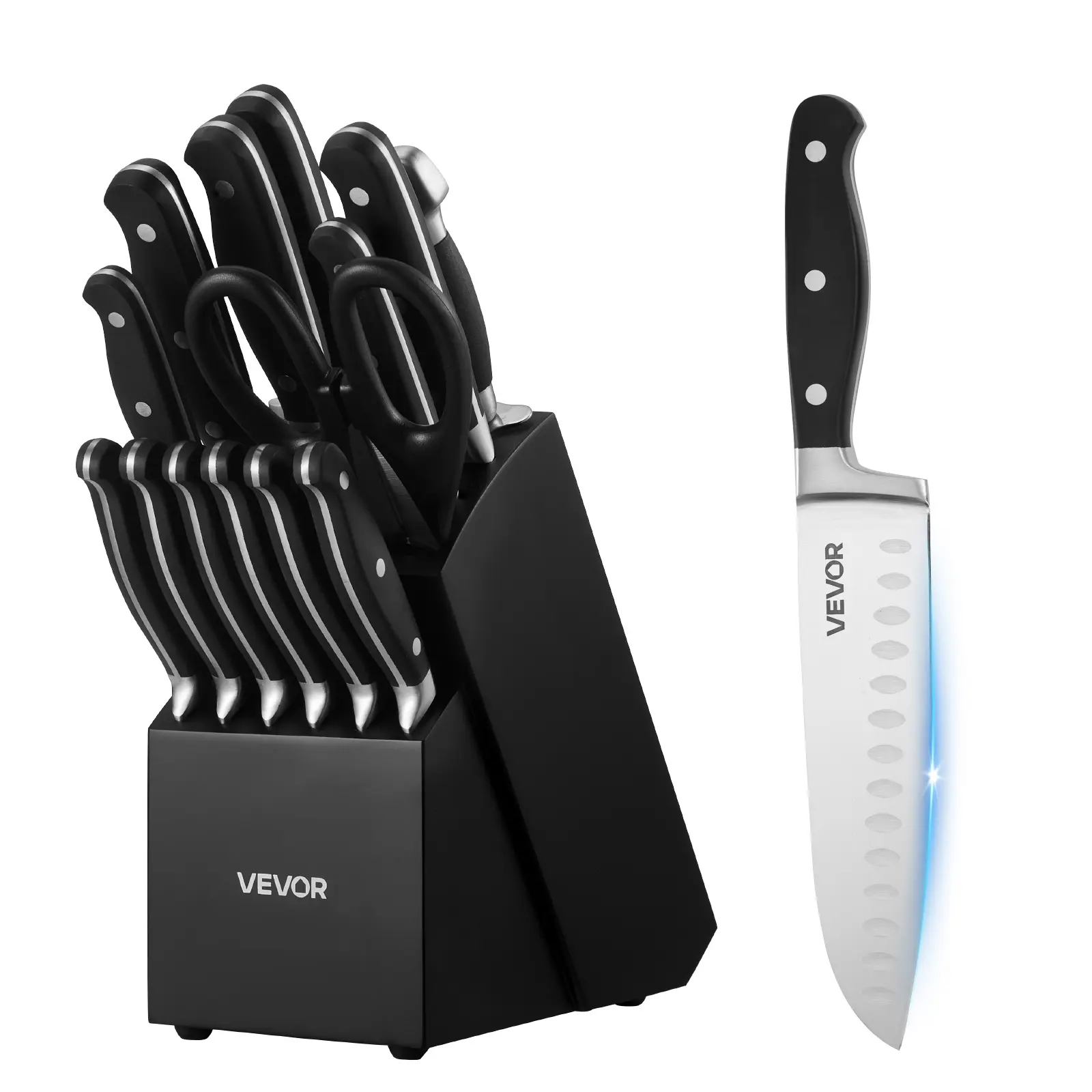VEVOR 15-Piece High Carbon Stainless Steel Blade Kitchen Knife Block Set, Ergonomic ABS Crack-Resistant Handle, Wooden Block, Sharpener for Home Cooks, Kitchenware for Cutting & Sharpening, Modern Holiday Gift